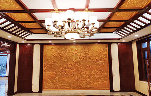 平塘中式别墅客厅中式木作横梁吊顶装饰展示